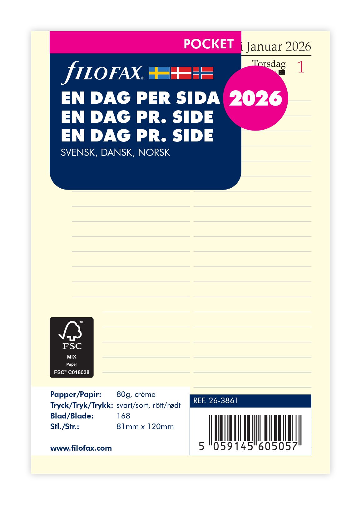 Køb ​Filofax Pocket Dag pr side 2026 refill hos Ofidan