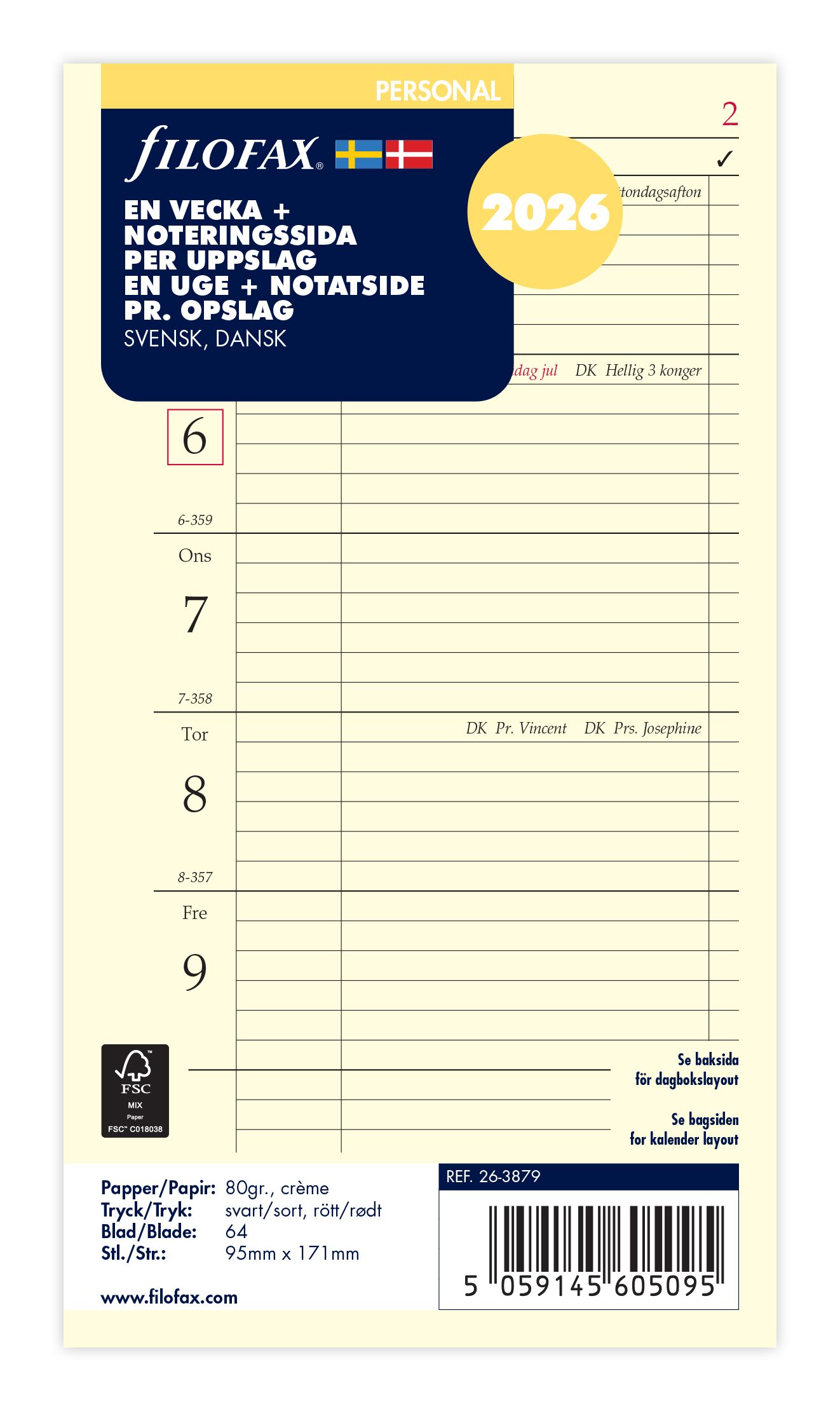 Køb ​Filofax Personal Uge pr side + Notes 2026 Refill hos Ofidan
