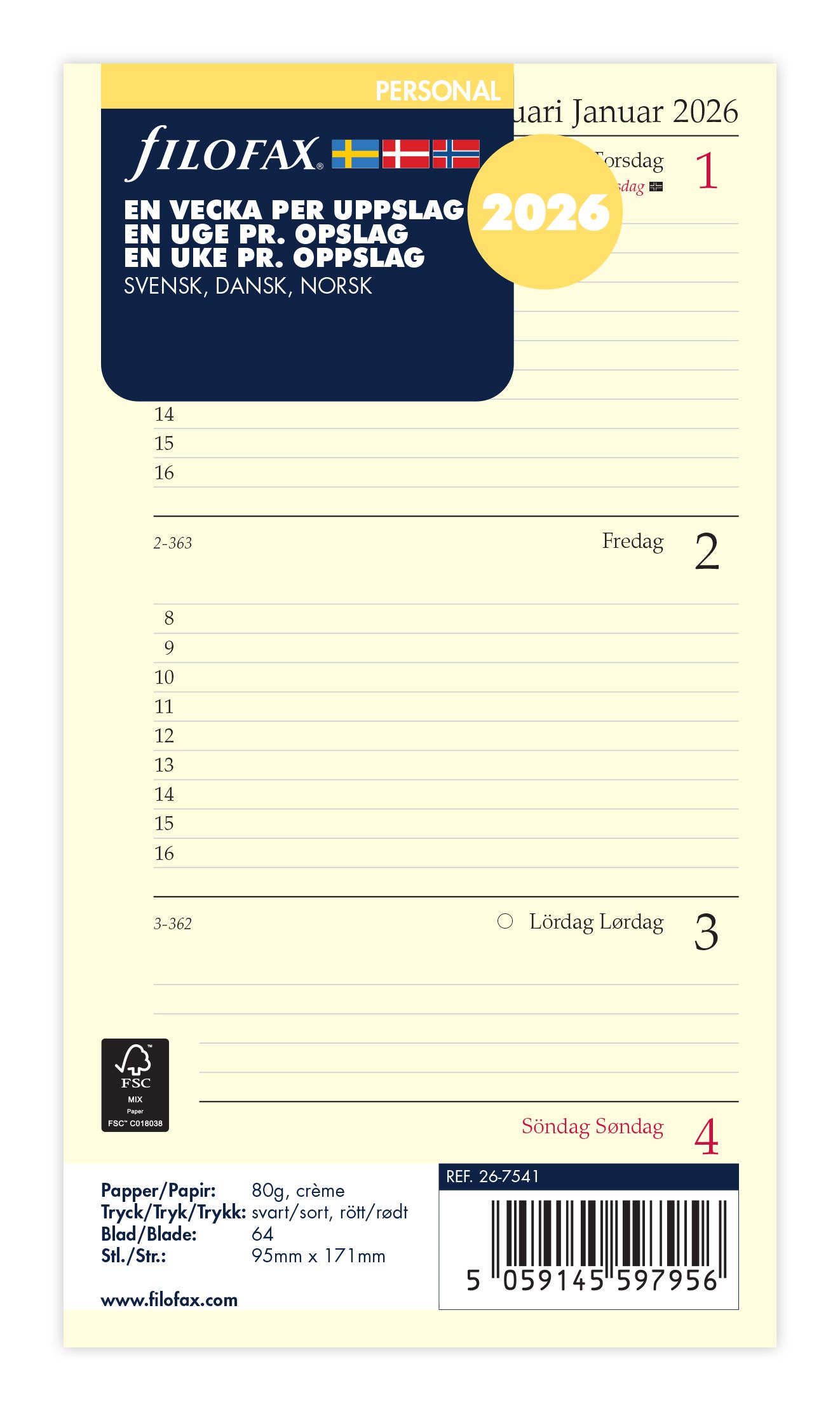 Køb ​Filofax Personal Ugeopslag 2026 Refill hos Ofidan