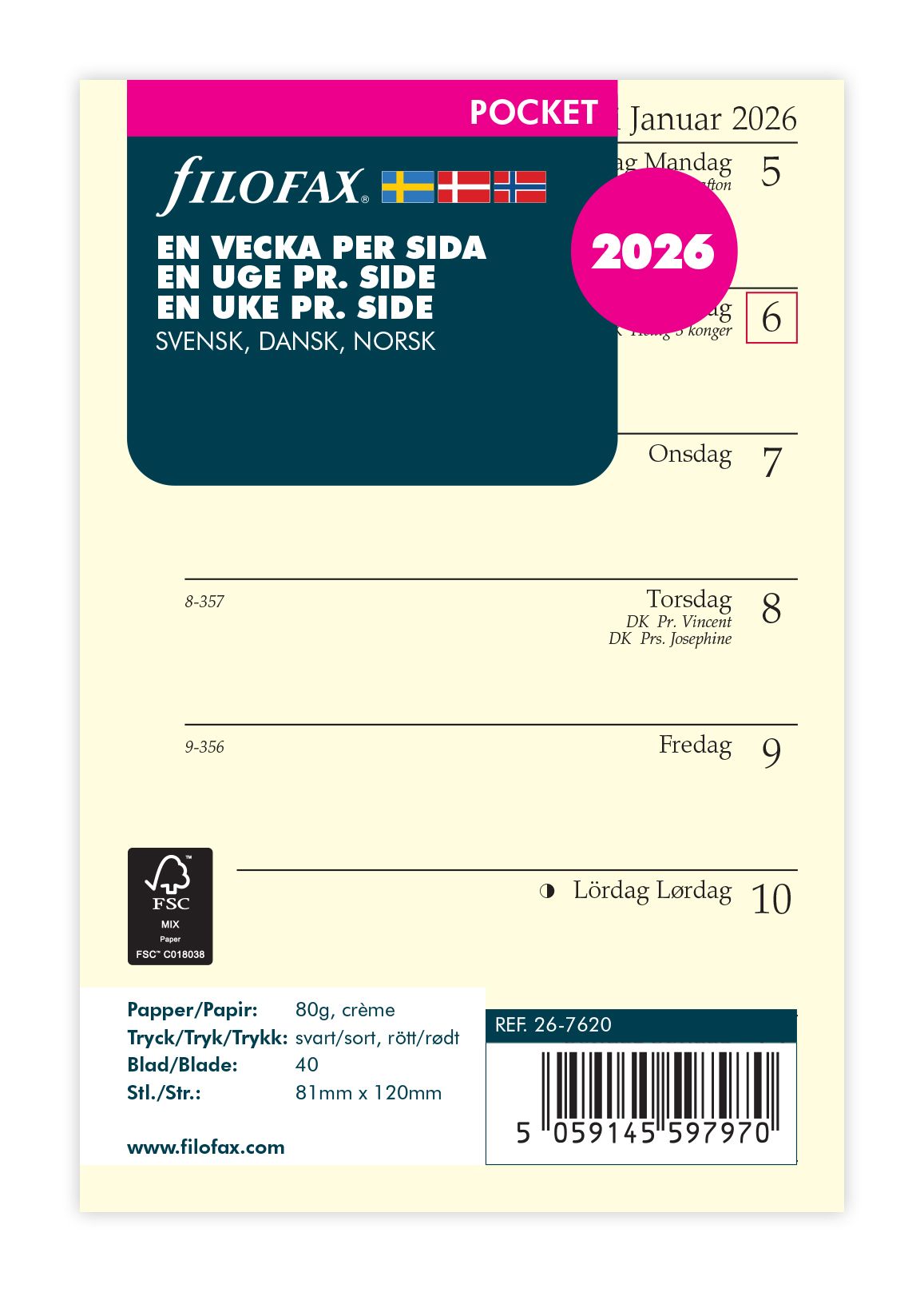 Køb ​Filofax Pocket Uge pr side 2026 refill hos Ofidan