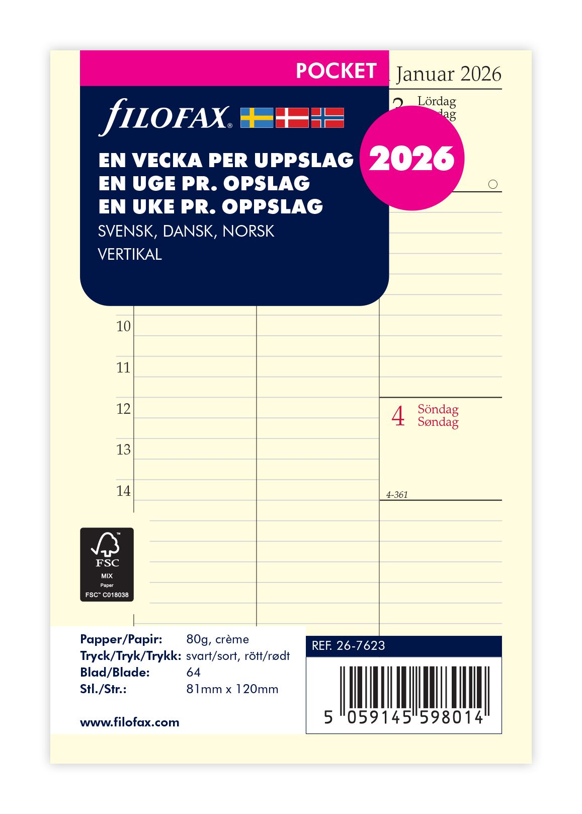 Køb ​Filofax Pocket Ugeopslag Vertikal 2026 Refill hos Ofidan