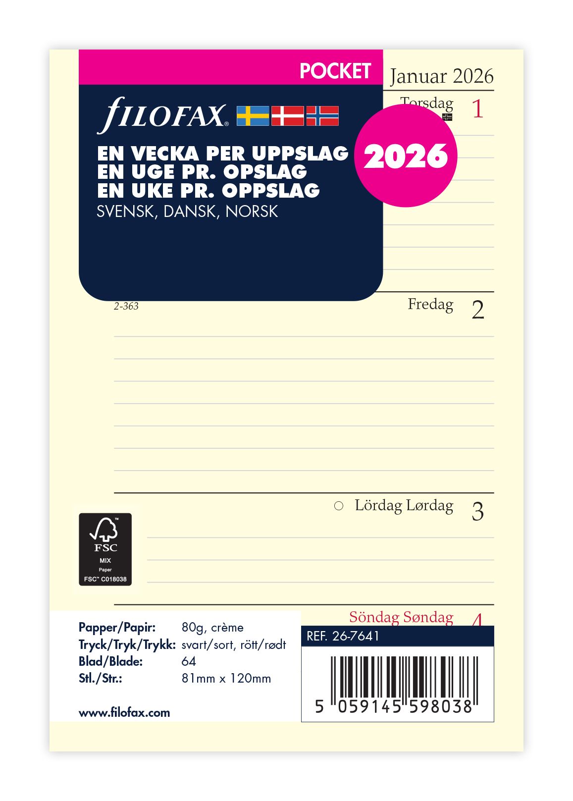 Køb ​Filofax Pocket Ugeopslag 2026 Refill hos Ofidan